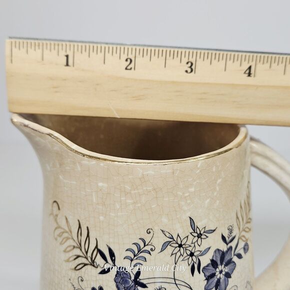 Antique English Ironstone Blue Pitcher Transferware Floral Stained Crazed Jug - Picture 10 of 13